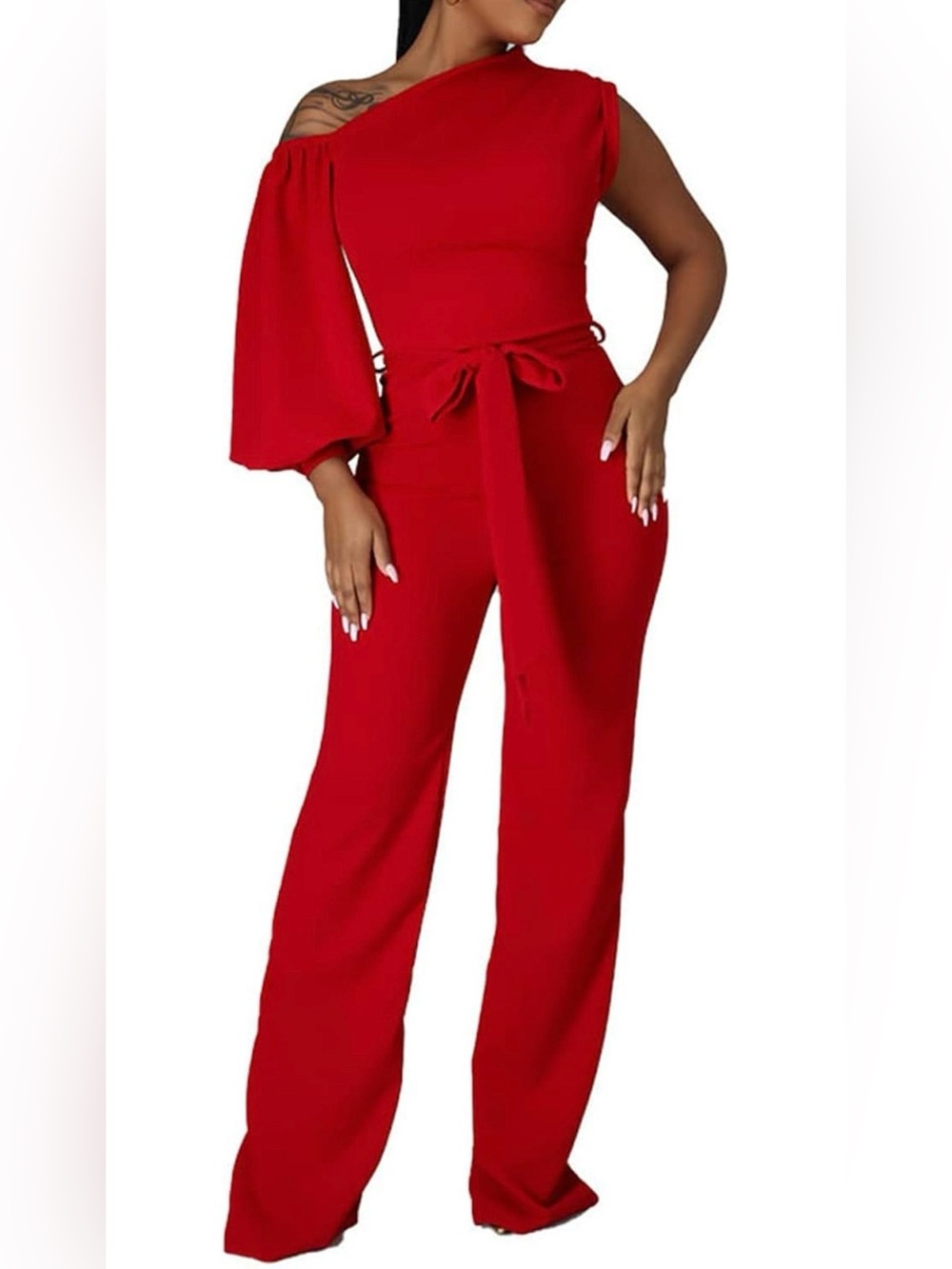 Red One-Shoulder Jumpsuit with Tie Waist
